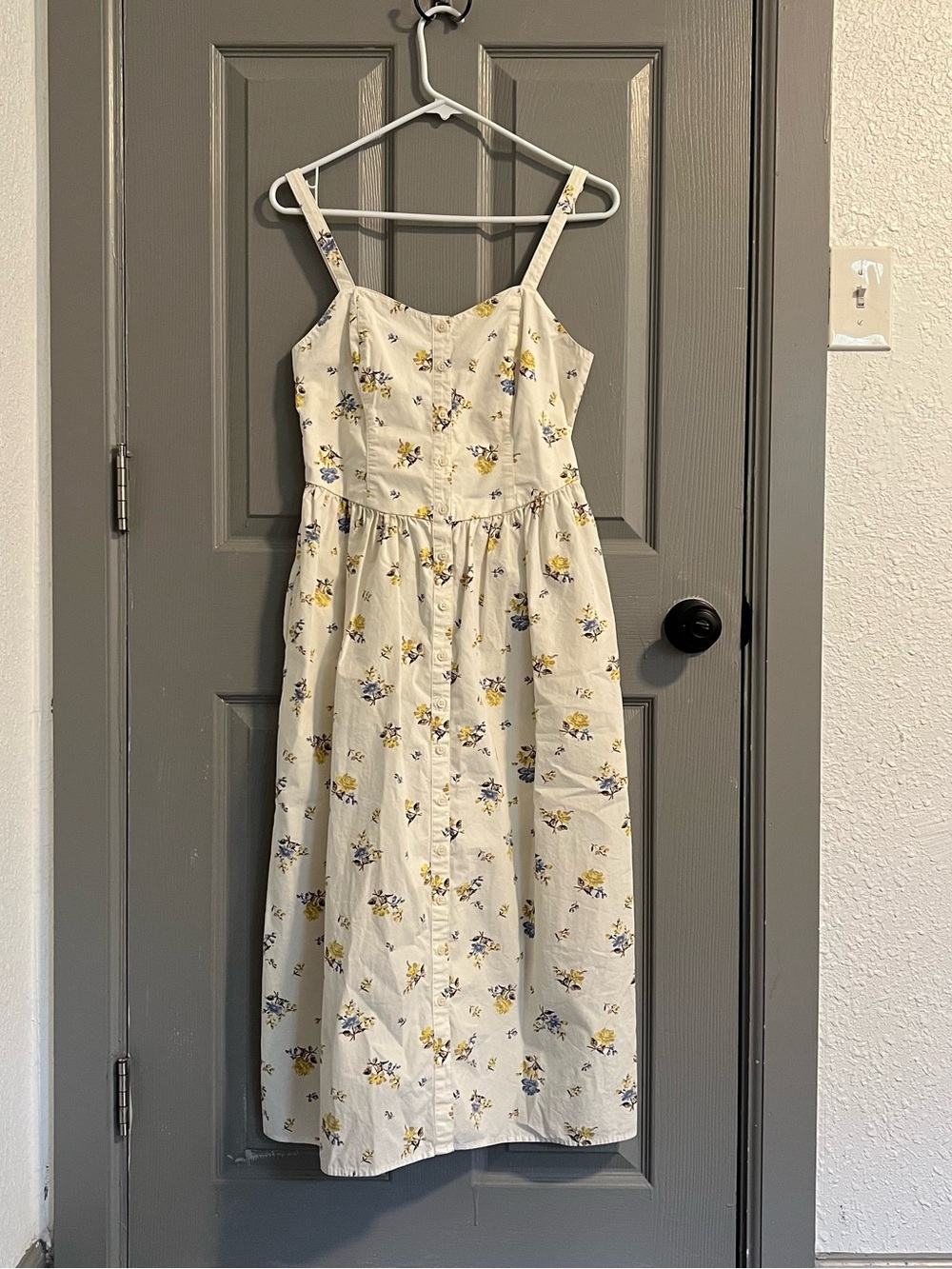 Levi's Cream Sundress Midi Cotton Blue Yellow Floral Print Garden Summer Pockets - Picture 5 of 9